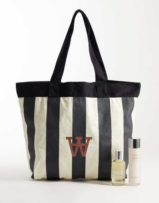 Double A By Wood Wood - Conner - Borsa shopping in 100% cotone nera e bianca a righe con logo, 2 di 4