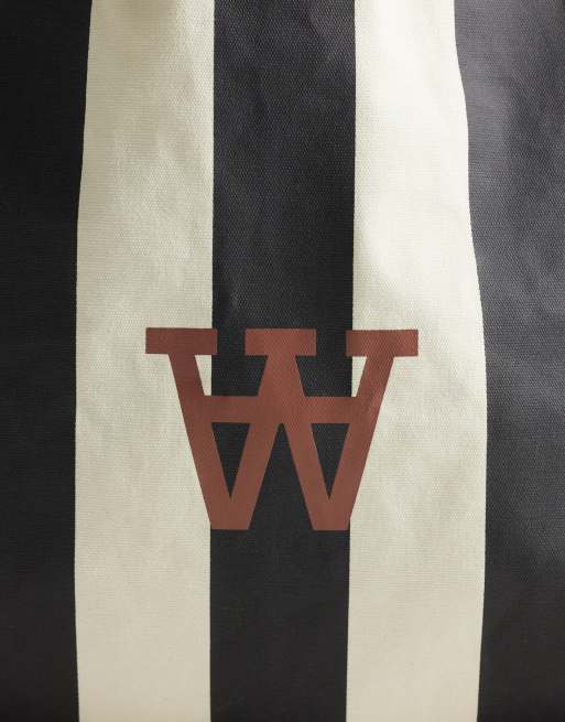 Double A By Wood Wood - Conner - Borsa shopping in 100% cotone nera e bianca a righe con logo, 3 di 4