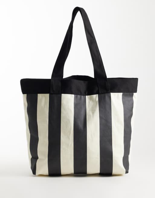 Double A By Wood Wood - Conner - Borsa shopping in 100% cotone nera e bianca a righe con logo, 4 di 4