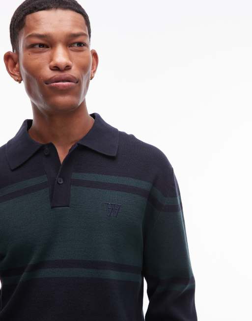 Double A By Wood Wood - Curt - Gebreide gestreepte polo met pand en lange mouwen in marineblauw en groen