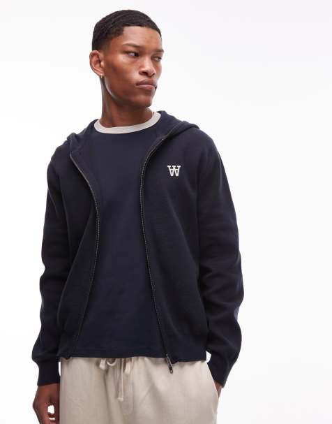 Double A By Wood Wood - Curt - Gebreide katoenen hoodie met dubbele rits in marineblauw - view 1