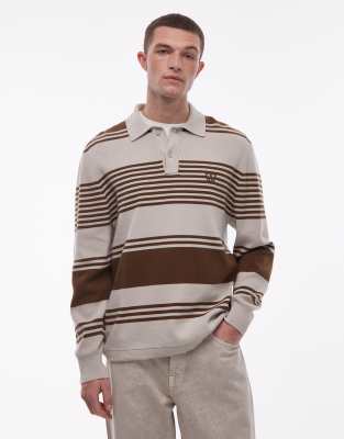 Double A by - Curt - Langärmliges, gestreiftes Polohemd aus 100% Baumwolle in Beige und Braun-Bunt Bunt 2XL