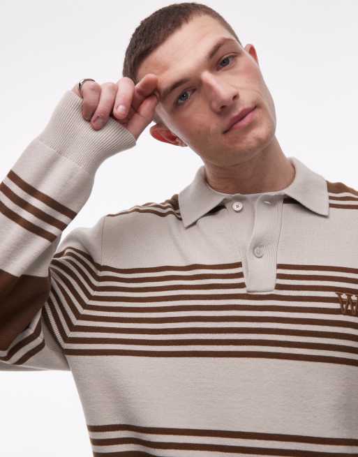 Double A By Wood Wood - Curt - Polo a maniche lunghe in 100% cotone beige e marrone a righe, 5 di 5