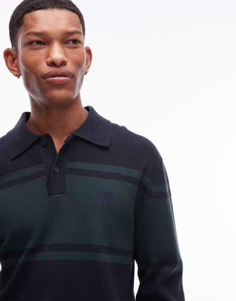 Double A By Wood Wood Curt stripe panel long sleeve knitted polo shirt in navy and green - view 1