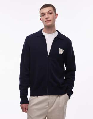 Double A By Wood Wood - Gilet zippé en coton à logo avec col - Bleu marine