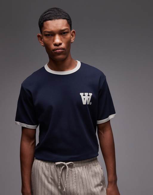 Double A By Wood Wood – Parker – Granatowy T-shirt z kontrastową lamówką