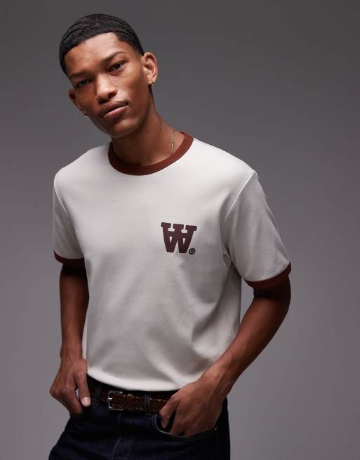 Double A By Wood Wood – Parker – Kamiennobeżowy T-shirt z kontrastowym wykończeniem
