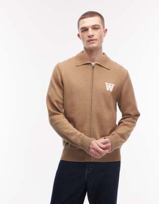 Double A by - Strickjacke aus 100% Baumwolle in Braun mit Logo, Kragen und Reißverschluss-Brown Brown M