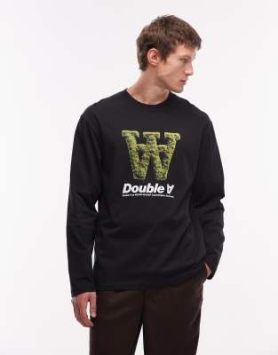 Double A By Wood Wood - T-shirt à manches longues en coton avec logo mousse exclusif - Noir