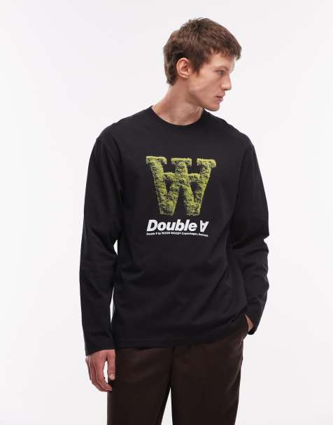 Double A By Wood Wood - T-shirt a maniche lunghe in 100% cotone nera con logo muschio esclusivo - view 1