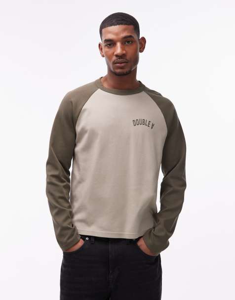 Double A By Wood Wood - T-shirt van 100% katoen met lange raglanmouwen en logo in beige en kaki - view 1