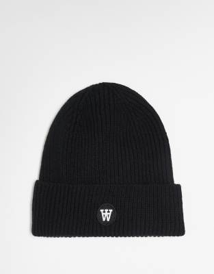 Double A by Wood Wood Double A By Wood Wood vin logo wool beanie in black