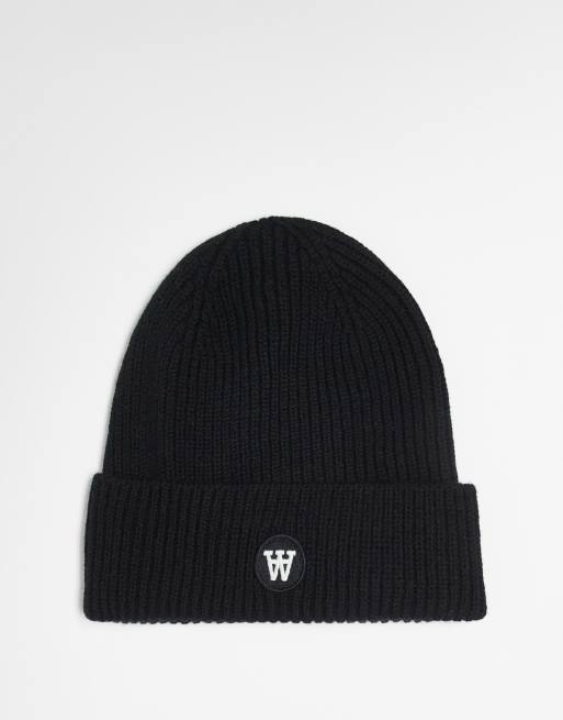 Double A By Wood Wood – Vin – Strickmütze in Schwarz mit Logo