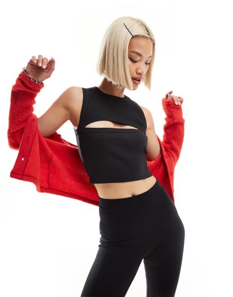 Dr Denim Ainslee sleeveless slim fit cropped tee with cutout chest in off black - view 1