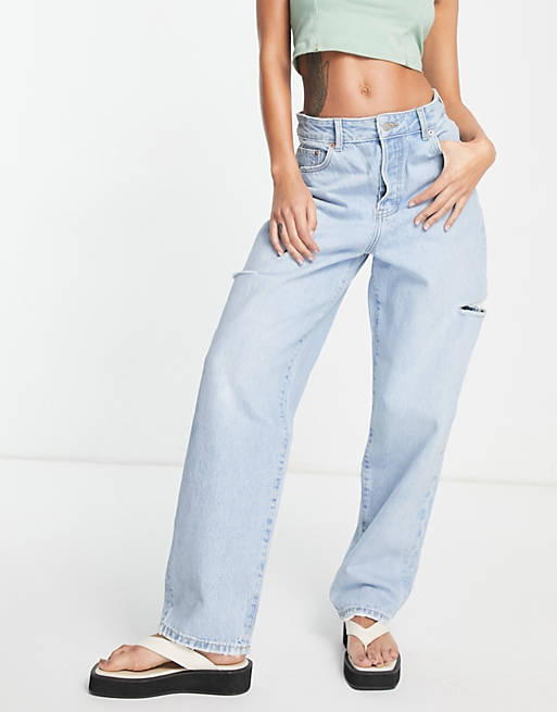 Dr Denim Bella balloon leg jeans with rip in light wash blue