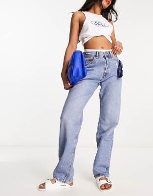 Dr Denim Beth straight leg sky high waist jeans in mid blue