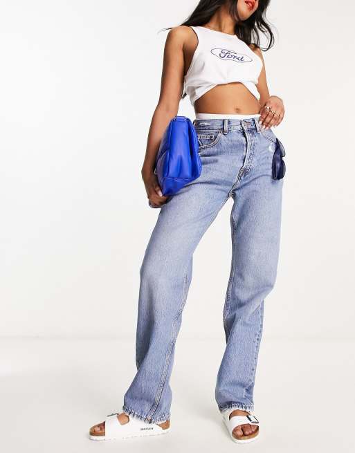 Dr Denim Beth straight leg sky-high waist jeans in mid blue | ASOS