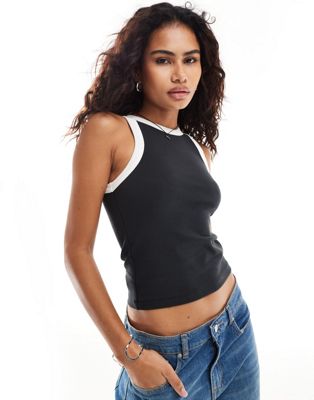 Bey slim fit tank top with contrast trim in off black