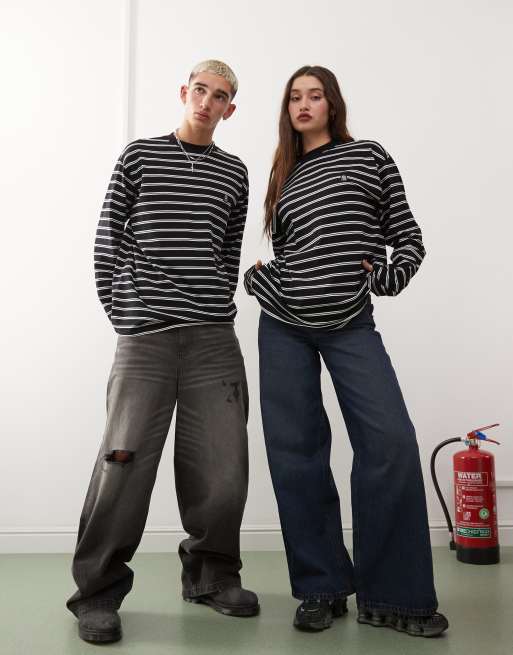 Dr Denim – Caiden – Gruby czarny top unisex o luźnym kroju z długimi rękawami i podwójnymi białymi paskami