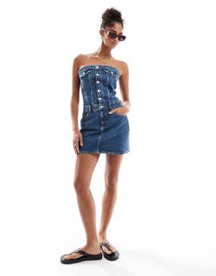 Dr Denim Carlisle Denim Bandeau Mini Dress With Button Front