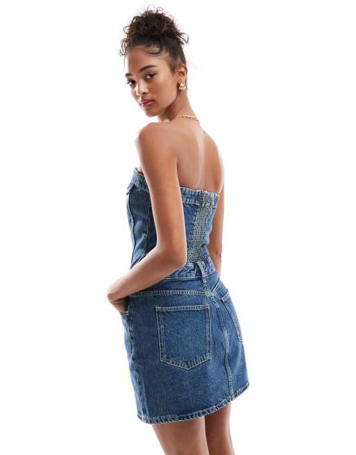 Dr Denim - Carlisle - Robe bustier courte en jean avec boutons sur devant - Bleu délavé moyen, 3 de 4