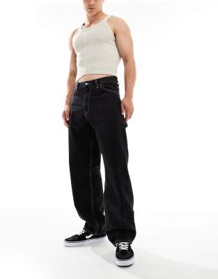 Colt Worker baggy fit mid waist wide leg jeans with workwear detail in black used contract wash