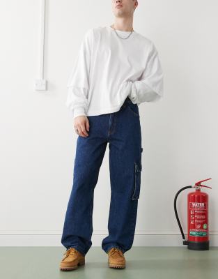 Dr Denim Dr Denim Colt Worker Cargo baggy fit mid waist wide leg with workwear detail in stream dark retro-Blue