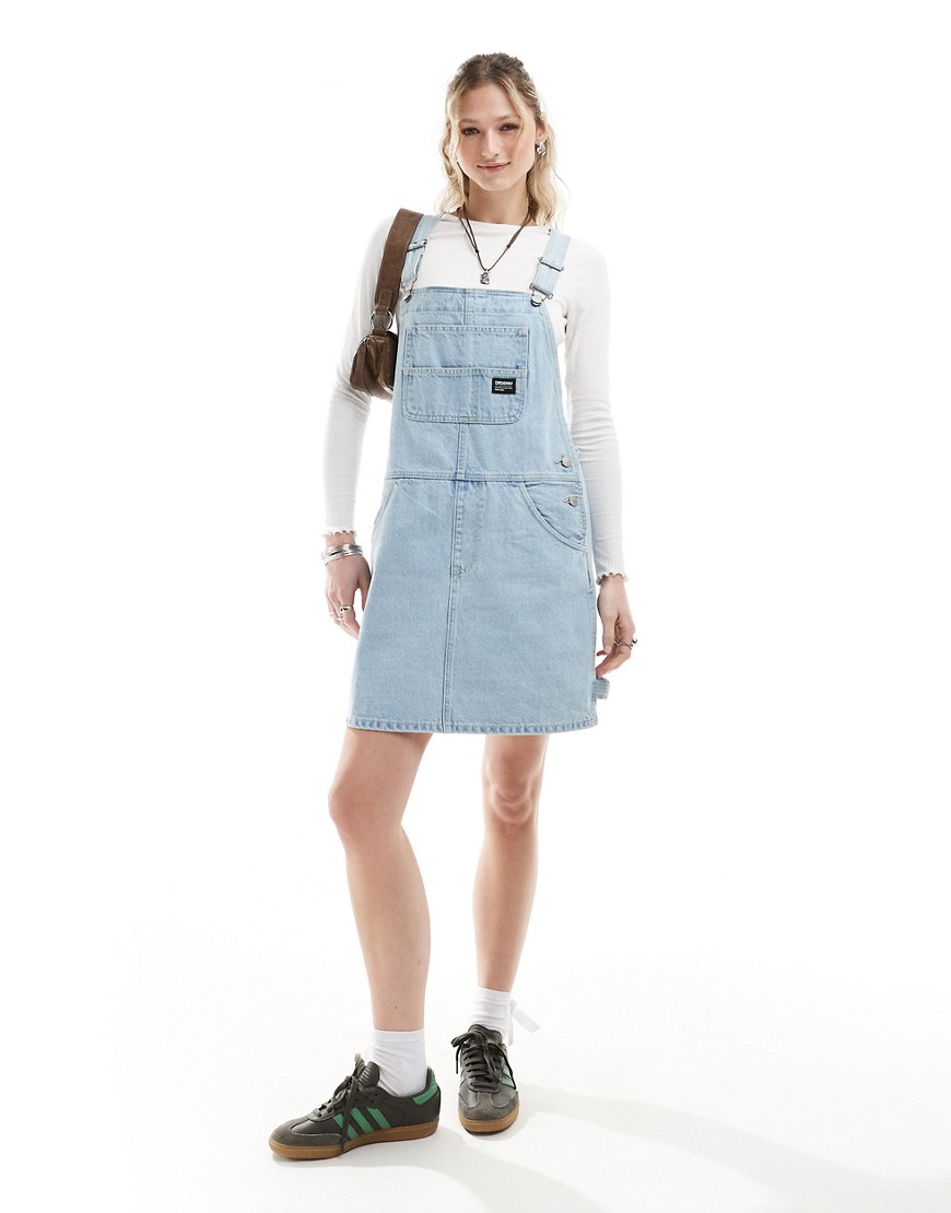 Dr Denim Connie relaxed fit mini dungaree dress in pebble superlight retro wash-Blue