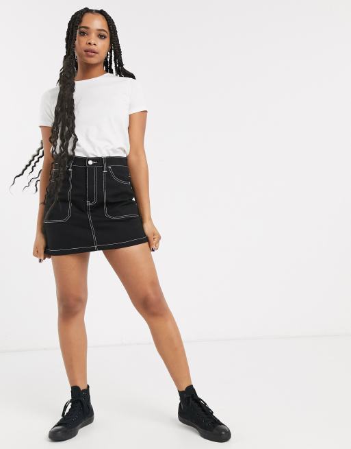 Black denim skirt white stitching sale