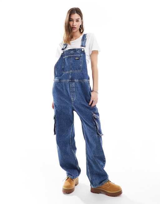 Dr Denim Cordelia utility cargo denim overalls in stream mid retro wash