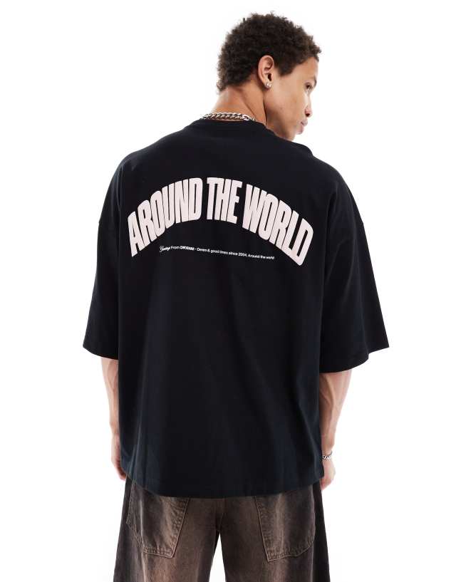 Dr Denim - curtis oversized fit around the world back pink graphic print t-shirt in black