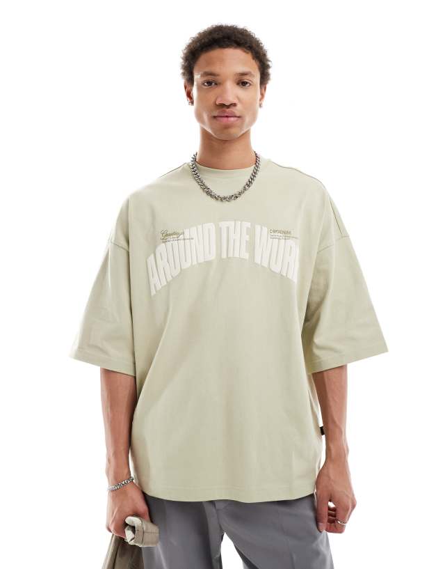 Dr Denim - curtis oversized fit around the world embossed t-shirt in bean around green