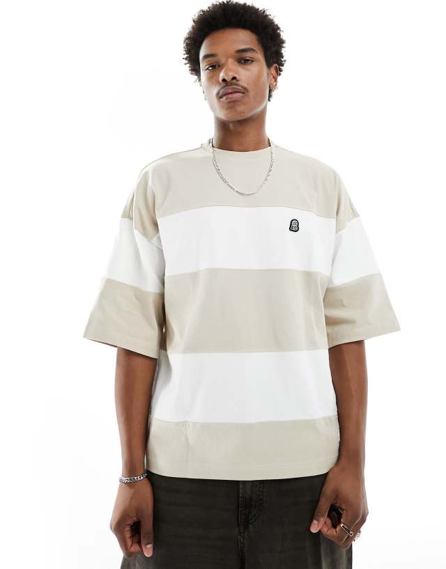 Dr Denim - curtis oversized fit t-shirt in pale taupe stripe