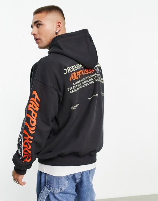 Dr Denim – Damien – Ciemnoszara bluza o luźnym kroju z kapturem i nadrukiem „Happy Hour” na plecach