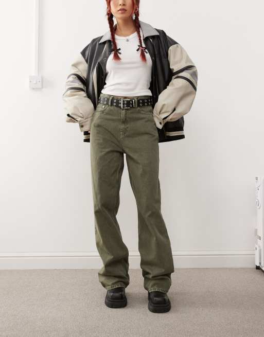 Dr. Denim - Donna - Jeans met rechte pijpen, hoge taille en ruimvallende pasvorm in olijfgroen met wassing