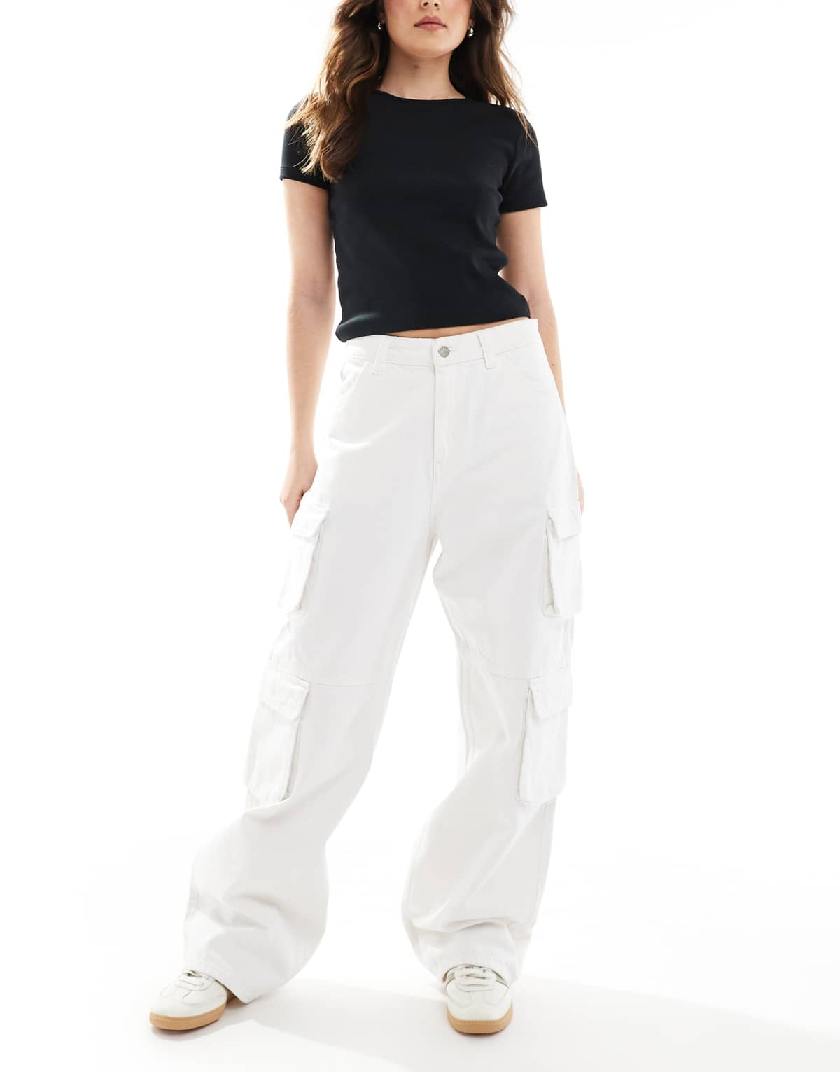 Dr Denim Donna multi cargo relaxed fit wide straight leg jeans in white