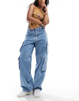 Dr Denim Dr Denim Donna multi modular cargo relaxed fit high waist straight leg jeans in stream sky retro wash-Blue