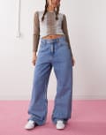 [Dr Denim] Dr Denim Donna relaxed fit high waist wide straight leg jeans in stream sky retro mid blue wash W26 L32 Midwash Blue