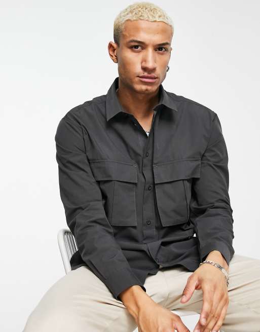 Dr Denim double pocket overshirt in gray 