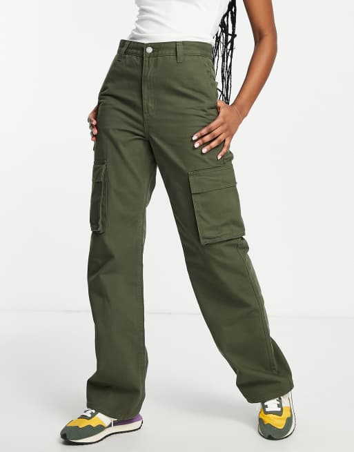 Dr Denim - Echo - Cargobroek met hoge Sky High taille en wijde pijpen in khaki