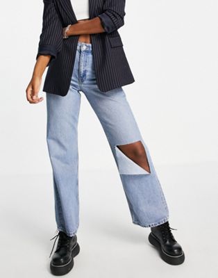Dr Denim echo high waisted straight leg jeans with ripped knee in blue