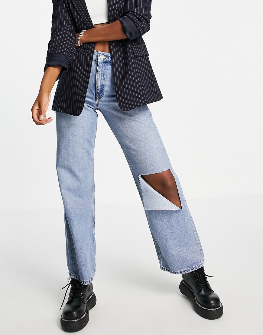 Dr Denim echo high waisted straight leg jeans with ripped knee in blue-Blues