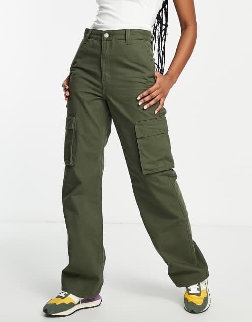 Dr Denim Echo sky high wide leg cargo pants in khaki | ASOS