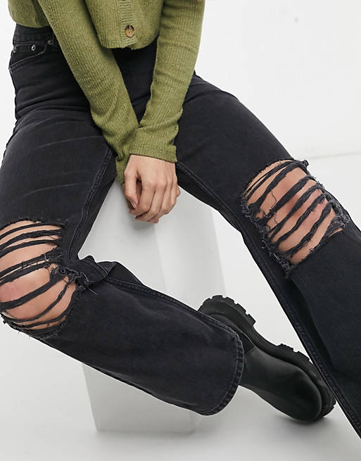  Dr Denim Echo straight leg jeans with ripped knees in black 
