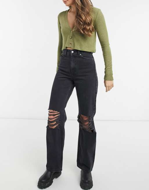 Black ripped straight leg jeans sale