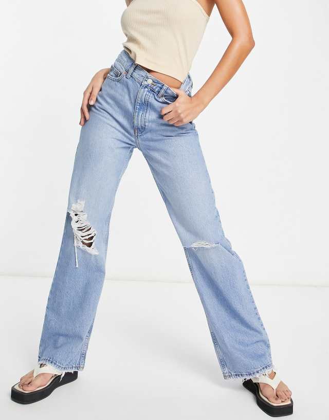 Dr Denim Echo straight leg jeans with rips in mid wash blue