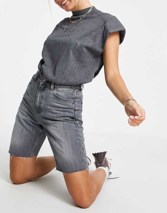 Dr Denim - echo super high rise straight leg denim shorts in washed grey