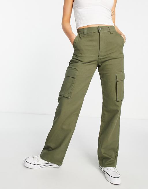 Skinny cargo trousers with buttons khaki green ladies