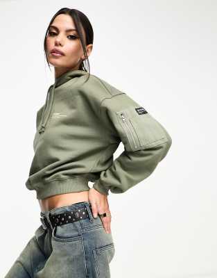 Dr Denim Estrid cropped cargo heavyweight hoodie in khaki-Green