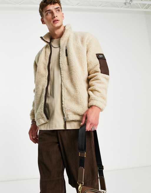 Dr. Denim – Ethan – Fleece-Jacke in Teddyfell-Optik in Creme mit Reißverschluss